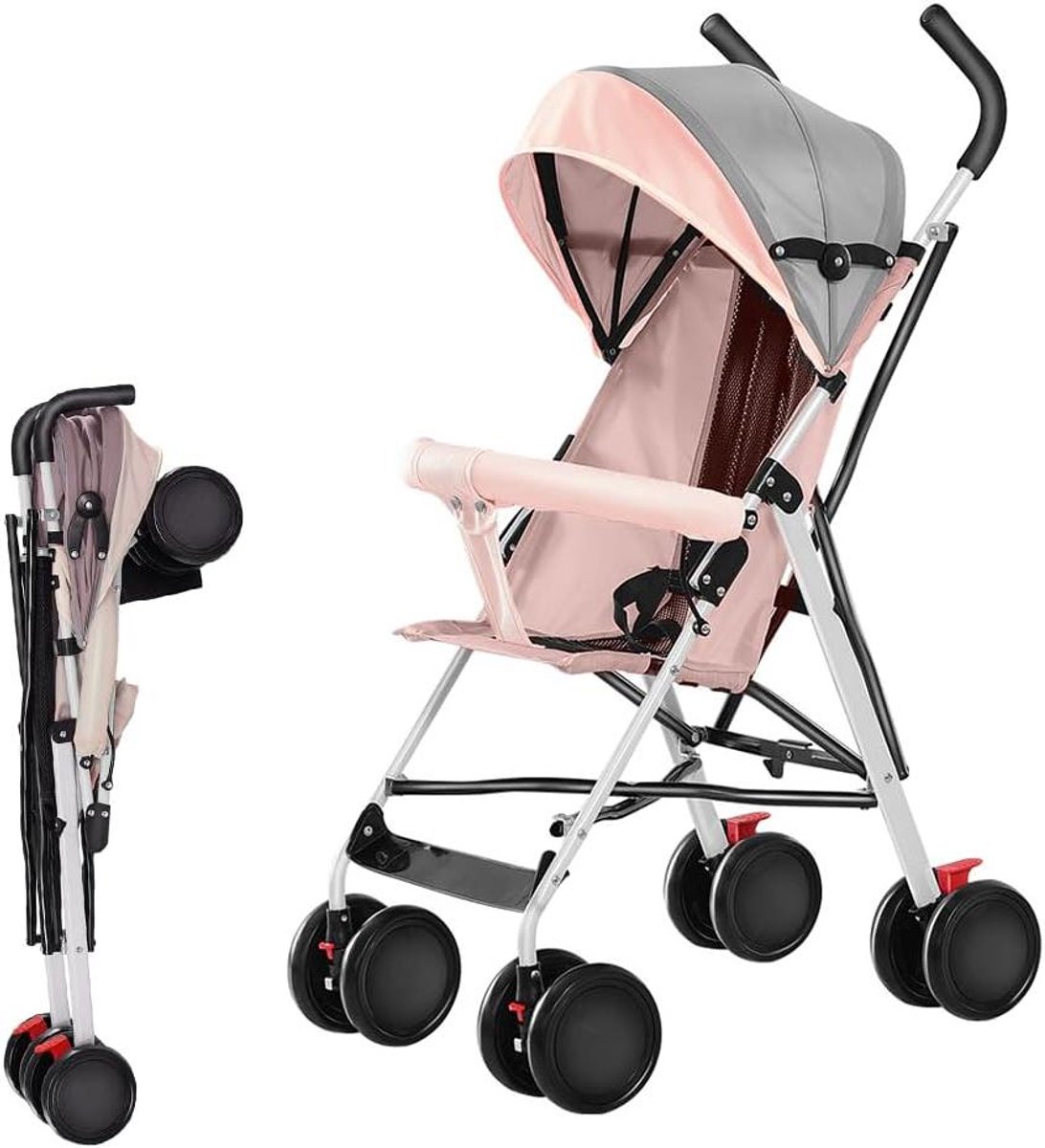 Baby Kinderwagen - Compacte Buggy - Veilig Op Reis - Met Draaibare Wielen - Tot 22 kg - Poederkleur