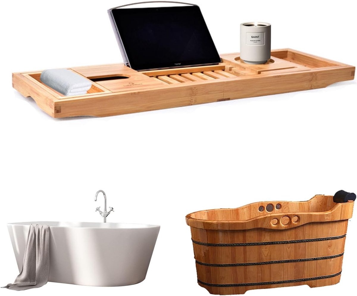 Verstelbare Bad Caddy met Tablet- en Wijnglashouder, Antislip Bamboe Badplank, Geschikt voor de meeste Badkuipen, Perfecte Badkameraccessoires voor een Nieuw Huis en Moederdag