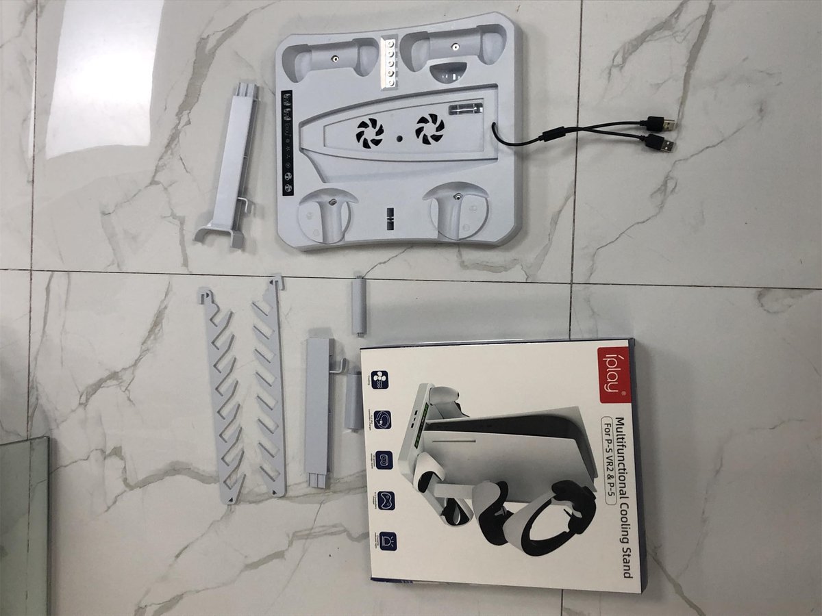 SnelShoppen - Laadstation en Koelstation voor PSVR2/PS5, Verticale Koeling met Laadstation, 3-in-1 Standaard met 2 Koelventilatoren, Headset-Houder en