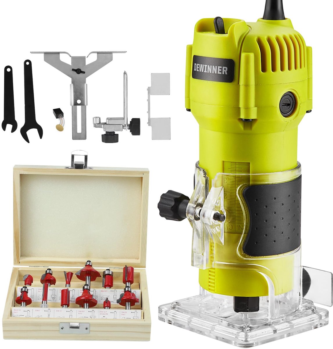 SnelShoppen - Houten bovenfrees elektrisch 600W, 35000 r/min, compact houtfreesgereedschap met 12 routerbits, ideale handrouter voor doe-het-zelf proj