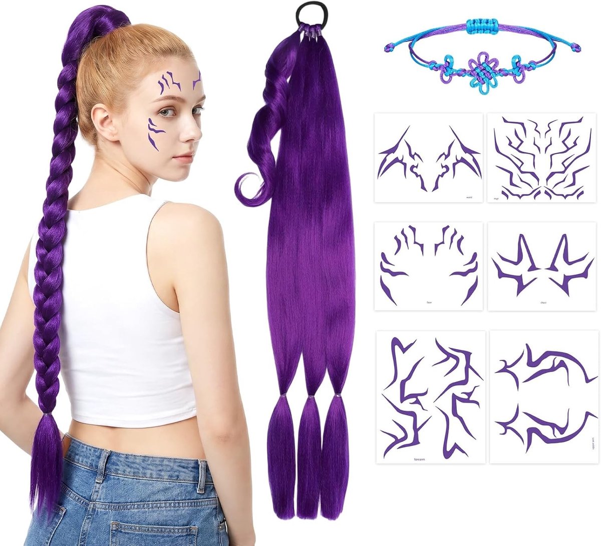 Feestaccessoireset in paars, 3-delig met haarverlenging, armband en tattoo-stickers voor carnaval, themafeest en cosplay voor dames