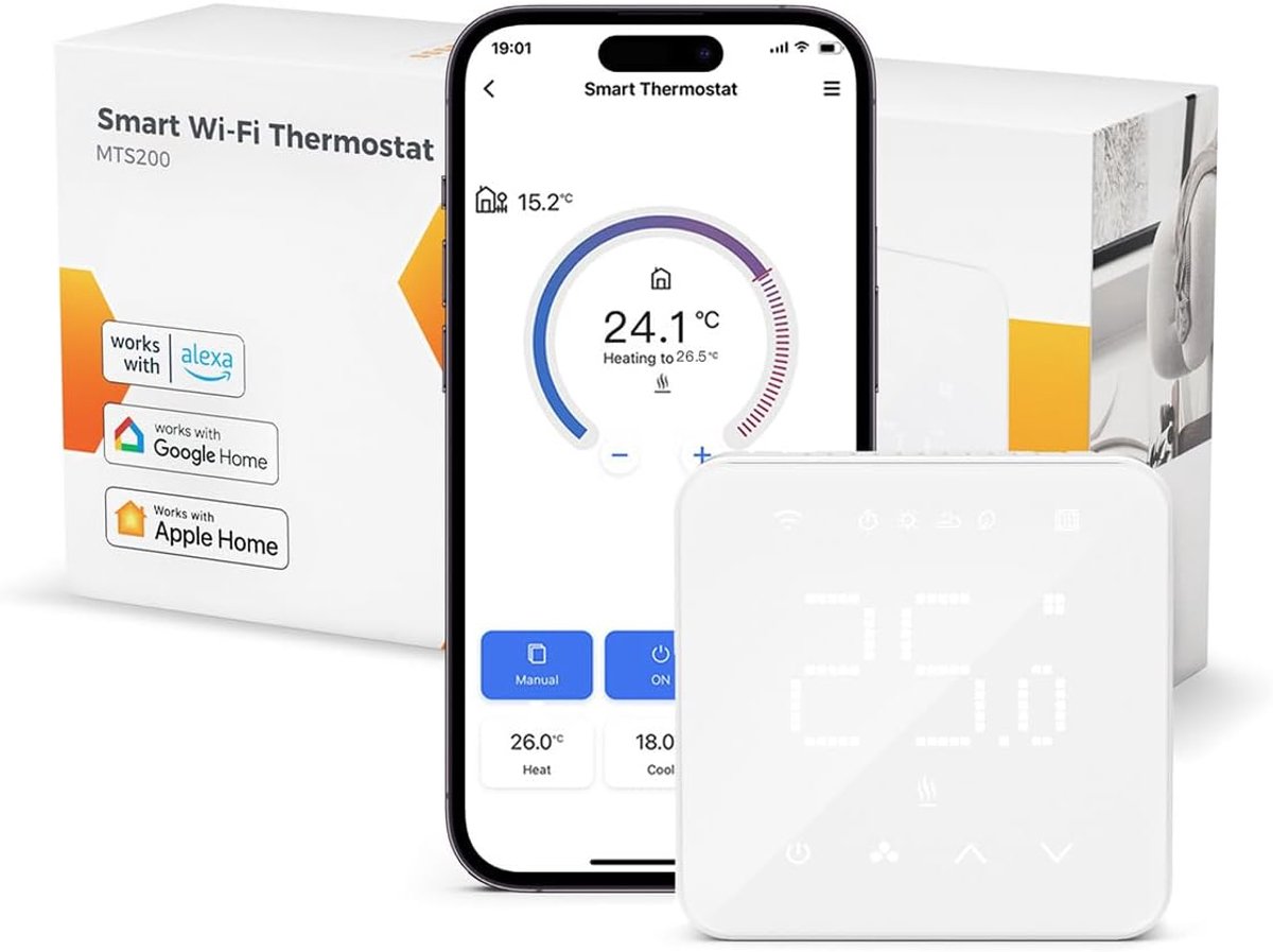 SnelShoppen - Slimme Thermostaat voor Combi Ketel/Watervloer Verwarming, WiFi Thermostaat, Compatibel met Apple HomeKit, Siri, Alexa en Google Home, B
