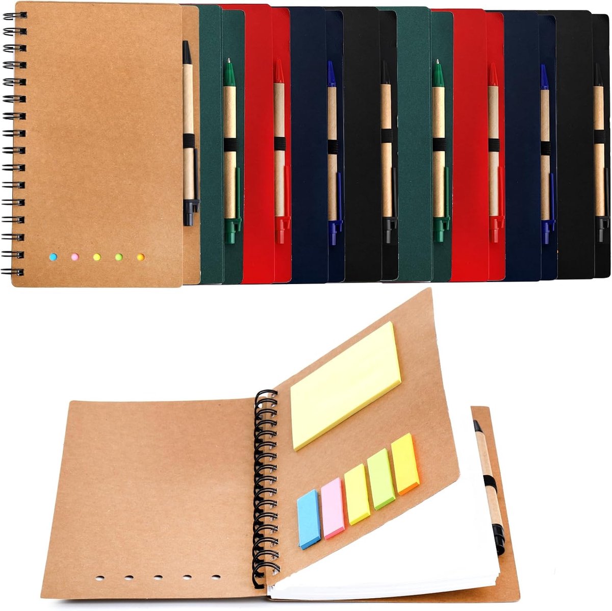 index tabs - notitieboek stickers - Dagboek - notitieboekjes -notebook - Zaknotitieboekjes - 10 stuks gekleurd kraftpapier spiraal -met sticky notes en kleurverdeler voor studie en kantoor - index tabs - Mini-spiraalboekjes - 12.7x17.8cm