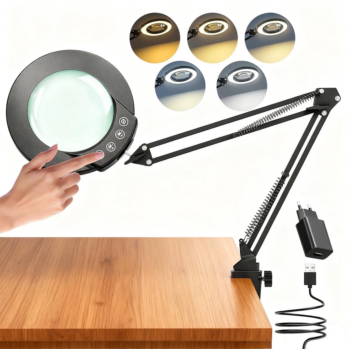 SnelShoppen - 10x Vergrootglas met Licht en Klem - Verlicht Vergrootglas van Echt Glas - 5 Kleurmodi en Traploze Dimbaarheid - Handsfree Bureaulamp vo