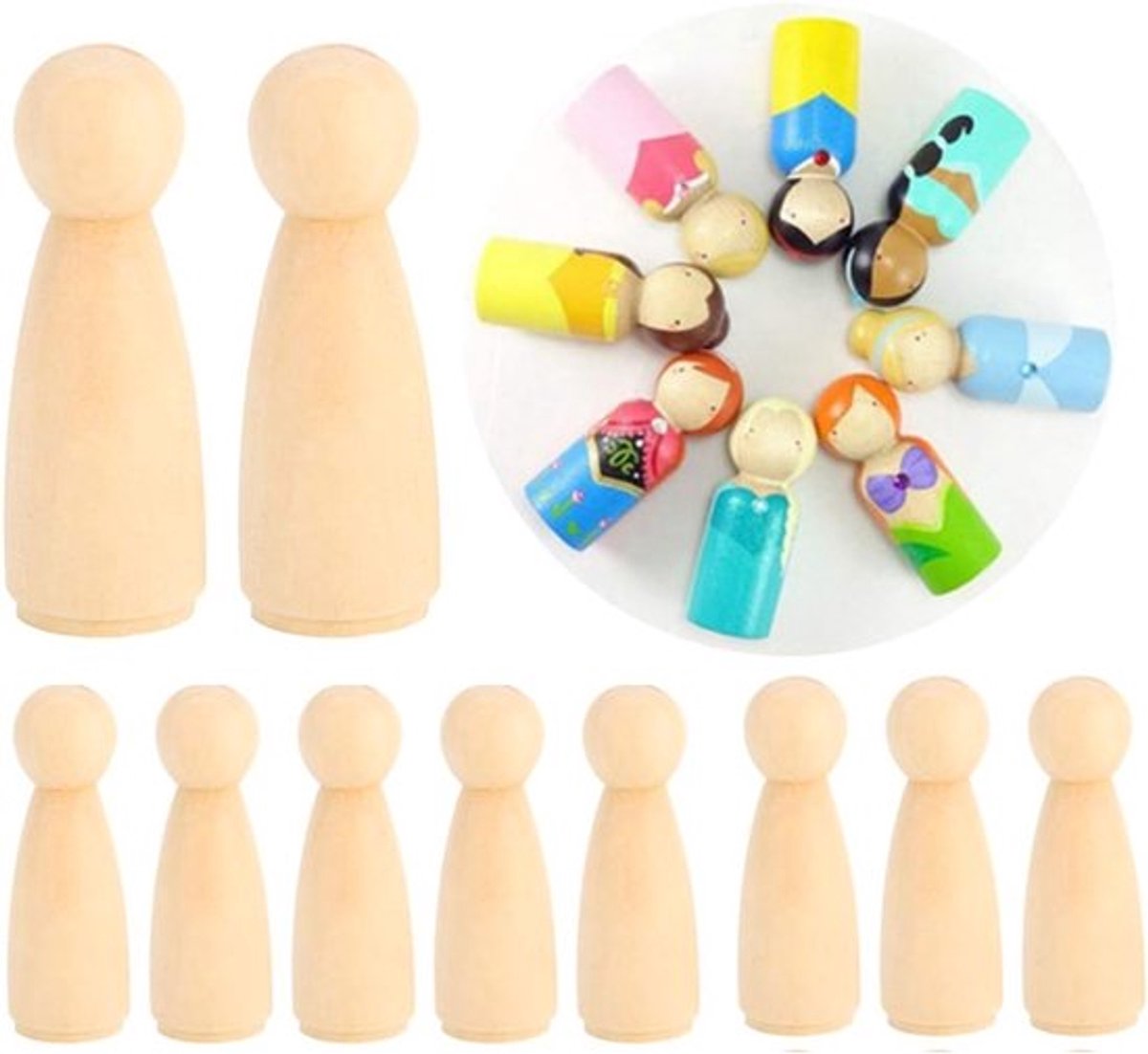 Houten poppenlichamen voor peg-dolls - 10 stuks - 75mm - ongeverfde mensenfiguren - houten figuren - engelpoppen voor DIY schilderen en knutselen - vrouwen