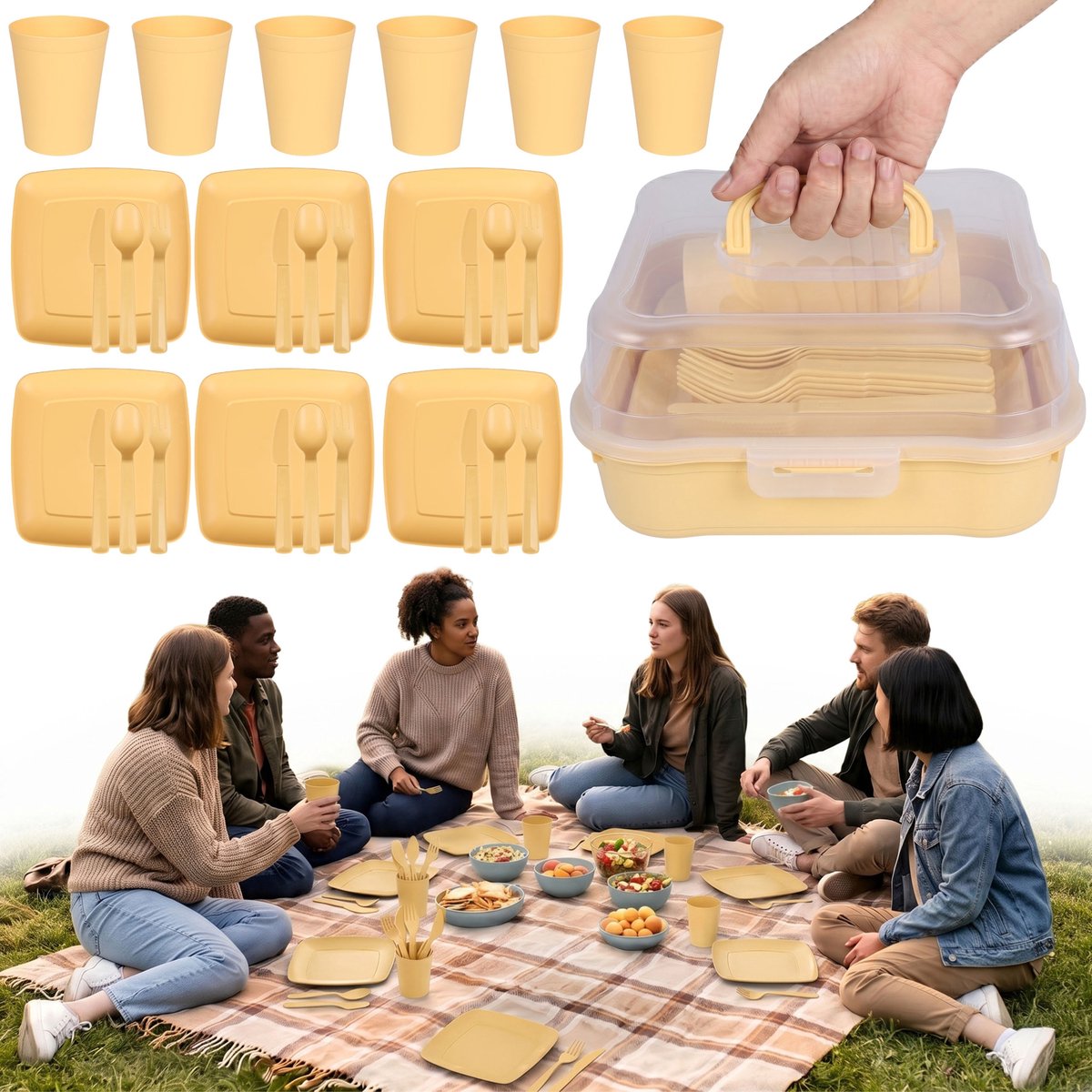 Gele PICKNICK SET, set reisservies in container - 32 elementen
