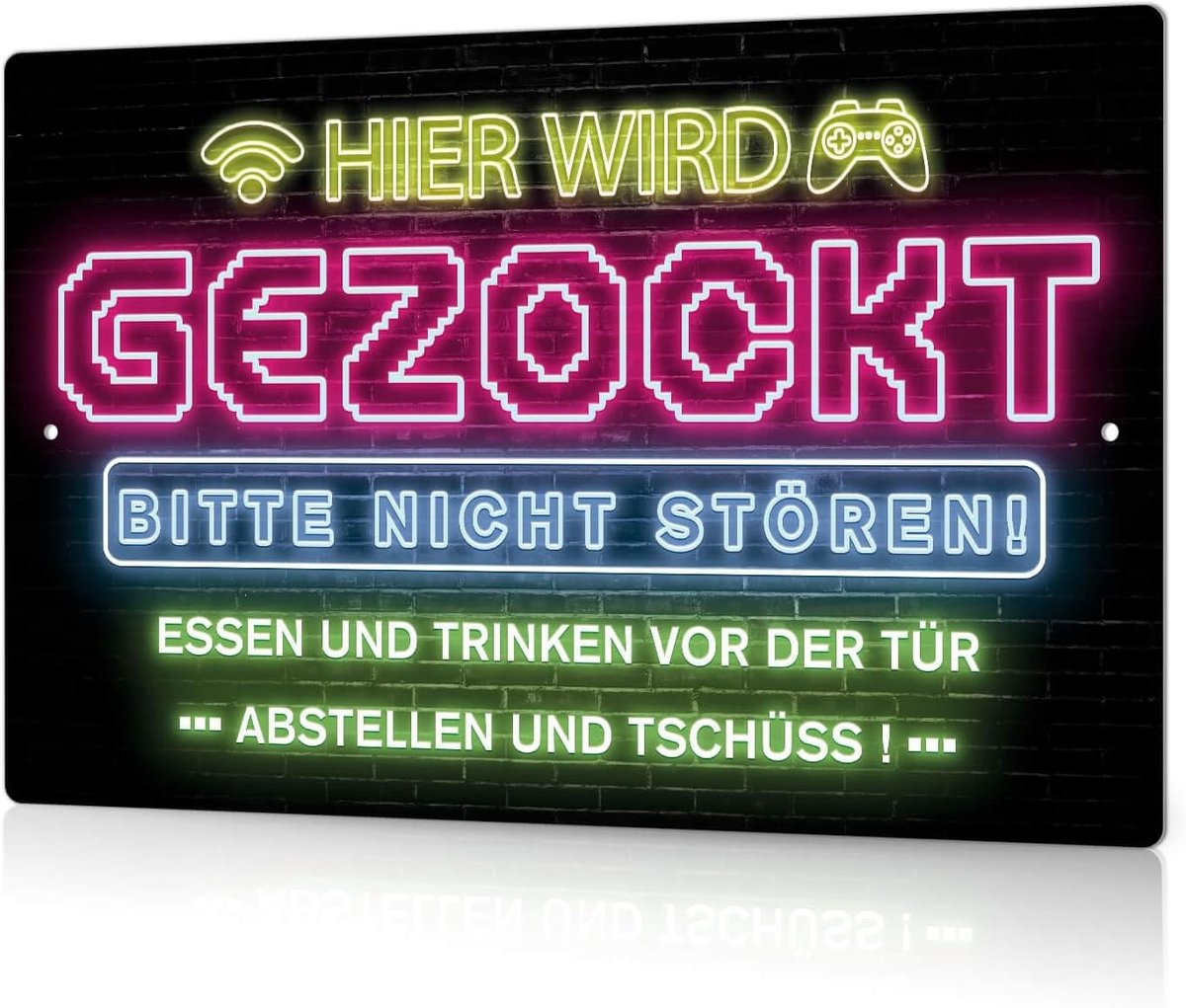 Gamer Metalen Wanddecoratie in Neon Look voor Gaming Kamer - Cadeau-idee voor Gamers 30 x 20 cm