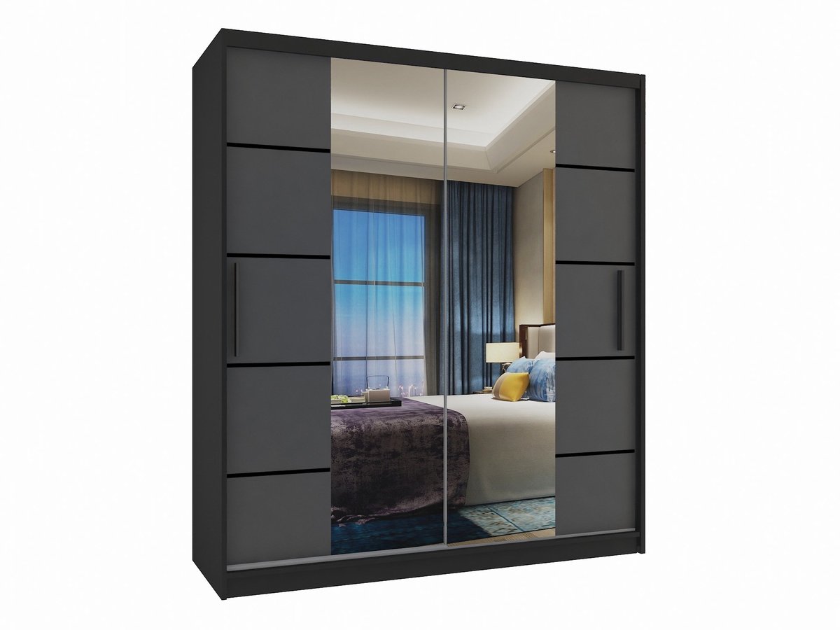 BELINI Verona ME Schuifdeurkast 133 cm Zwart/Grijs Mat - Kledingkast met Spiegel - Comfort Line Slaapkamerkast