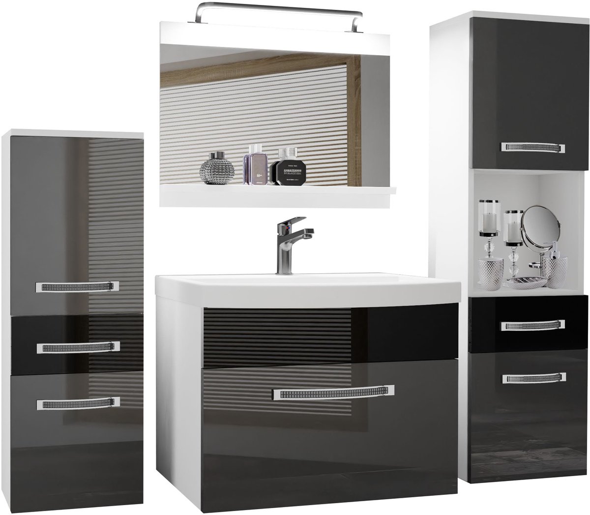 BELINI Badkamermeubel Set GLA P 5 - Badmeubelset 140 cm Zilver / Zwart Hoogglans met Wastafel, Spiegel en LED Lamp - Wandmontage