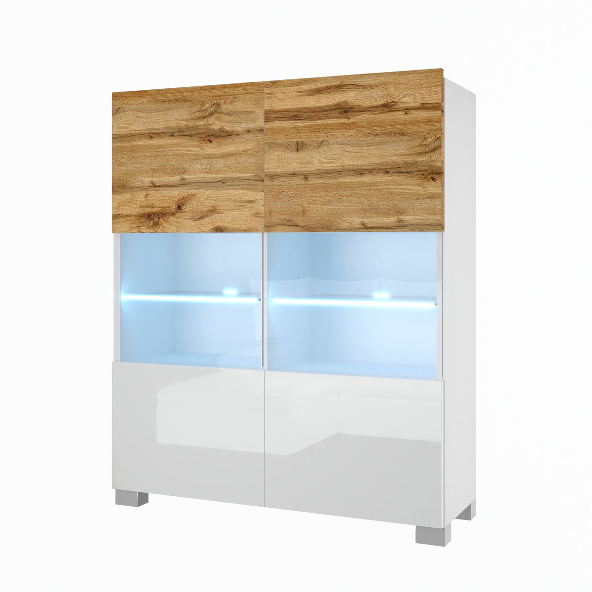 BELINI Vitrinekast met LED-verlichting - Hoge Kast Wotan Eiken/Wit - Greeploos Woonkamermeubel met Zacht Sluitend Systeem - Modulair Design