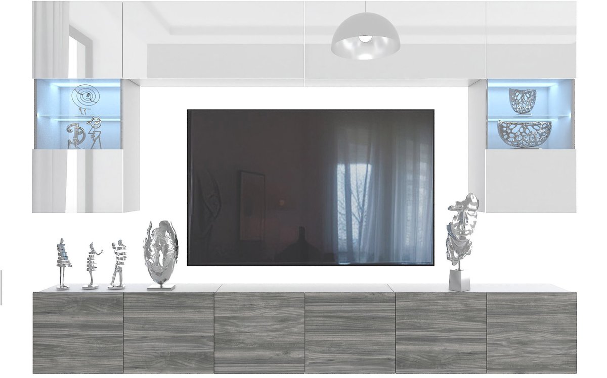 BELINI Wandmeubel Milano 1 300 cm Wit Hoogglans/Grijs Mat - TV-Wand Greeploos - Moderne Woonwand met Gasliftsysteem - Modulair TV-Meubel