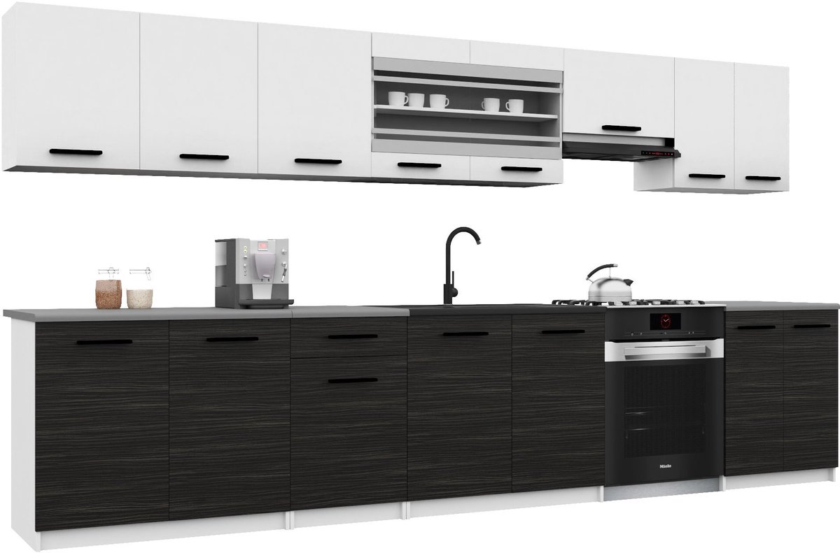 BELINI Keukenblok ITALIA 3 - Keukenmeubel Set 320 cm Wit-Ebbenhout Mat met Werkbladen - Boven- en Onderkasten