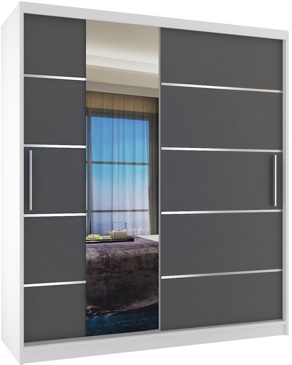 BELINI Verona MBP Schuifdeurkast 133 cm Wit/Grijs Mat - Kledingkast met Spiegel - Comfort Line Slaapkamerkast