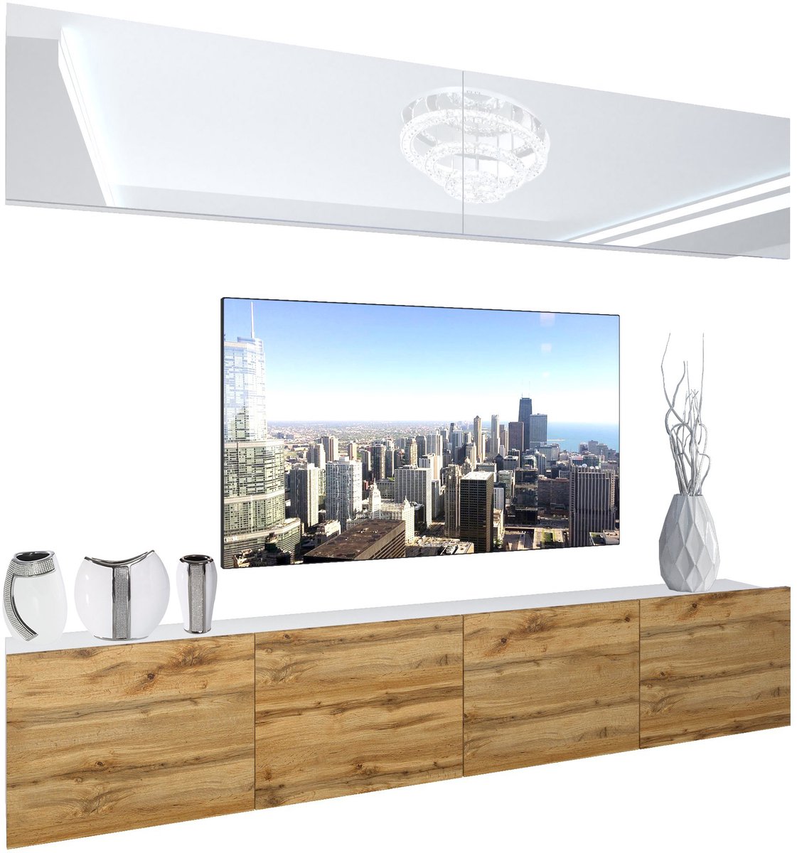 BELINI Wandmeubel NEX 6 - TV-Wandkast Set met LED-Verlichting Wit / Wotan Eiken - Hoogglans Fronten