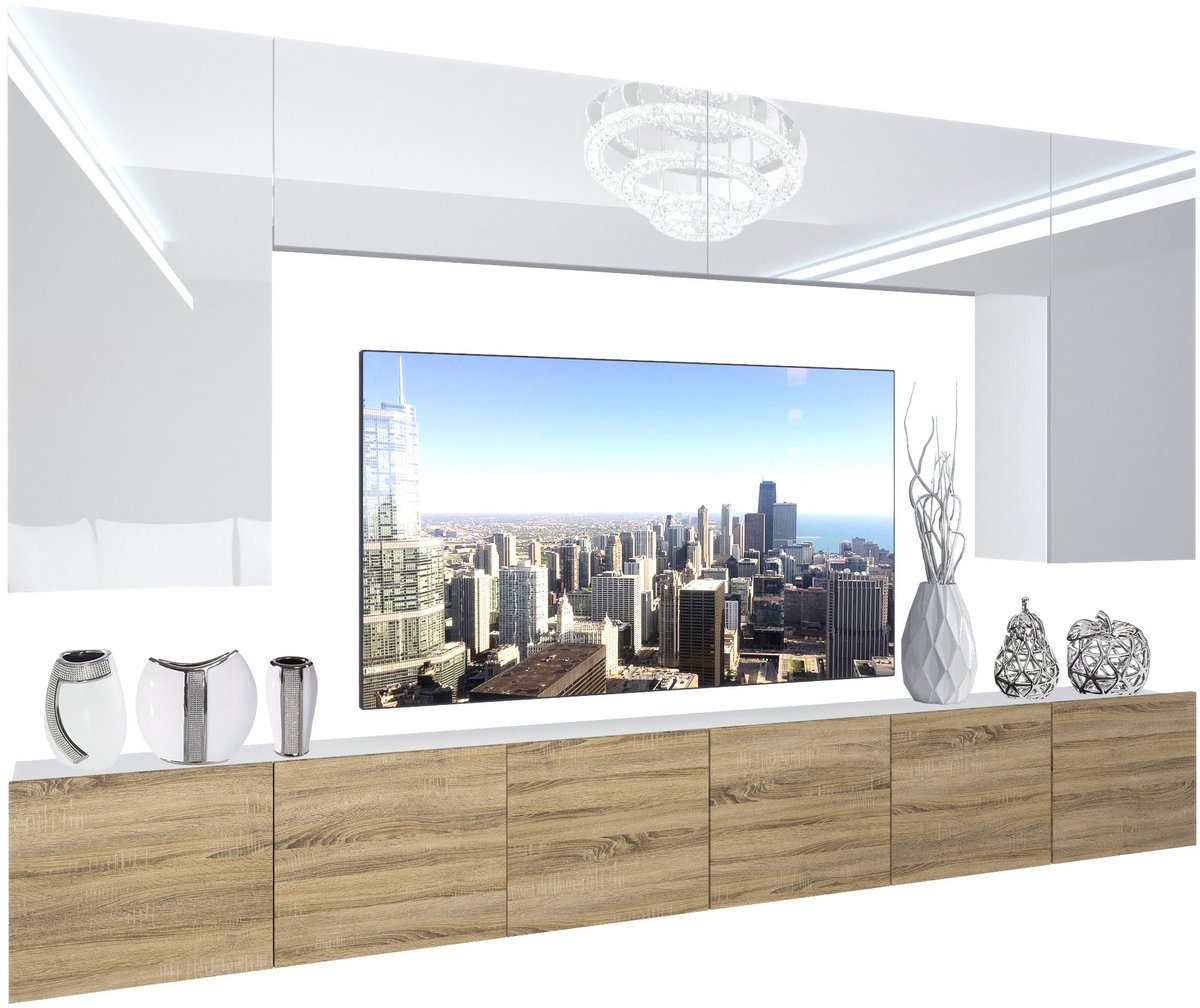 BELINI Wandmeubel NEX 2 - TV-Wandkast Set met LED-Verlichting Wit / Sonoma Eiken - Hoogglans Fronten