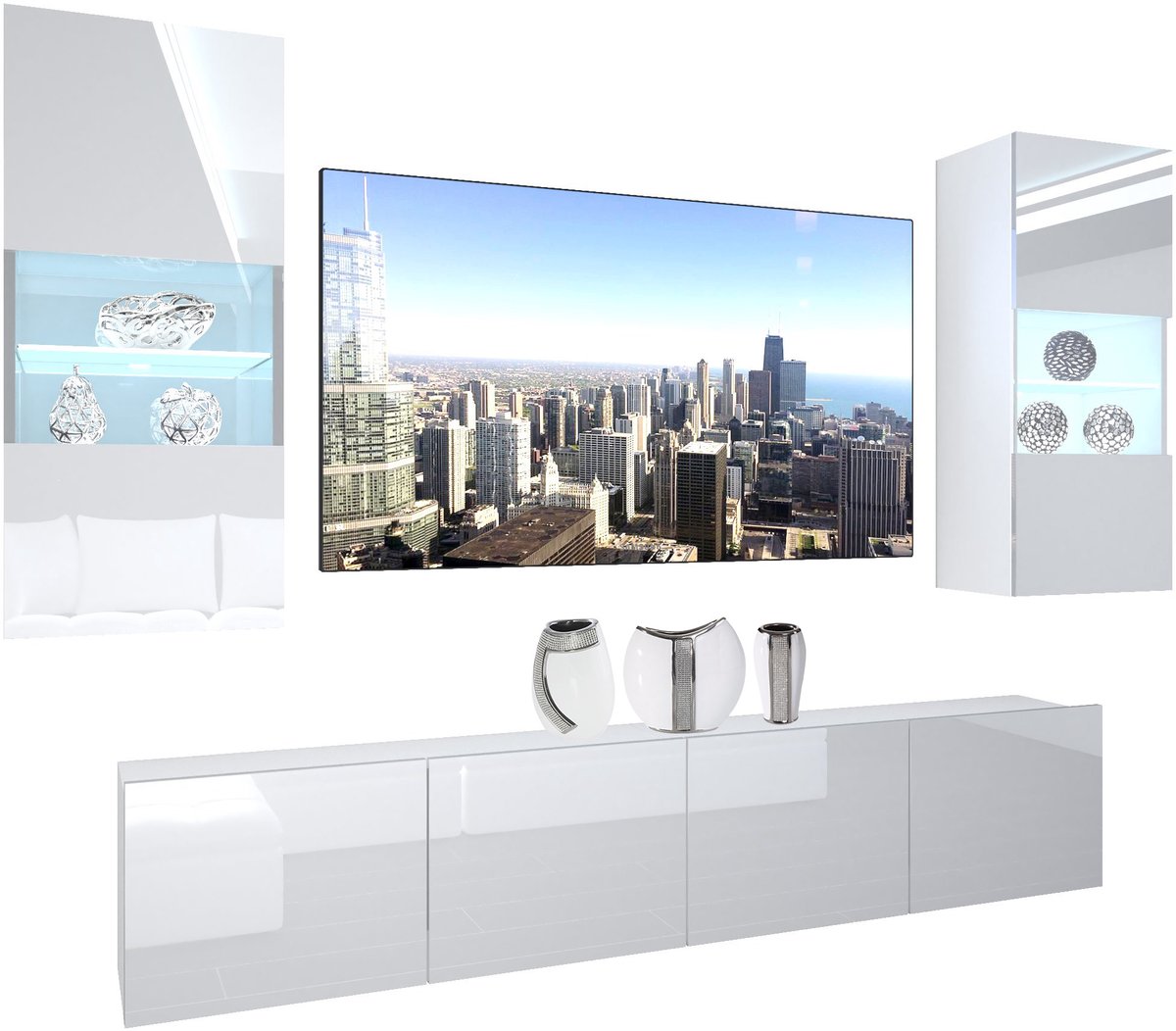 BELINI Wandmeubel NEX 7 - TV-Wandkast Set met LED-Verlichting Wit - Hoogglans Fronten