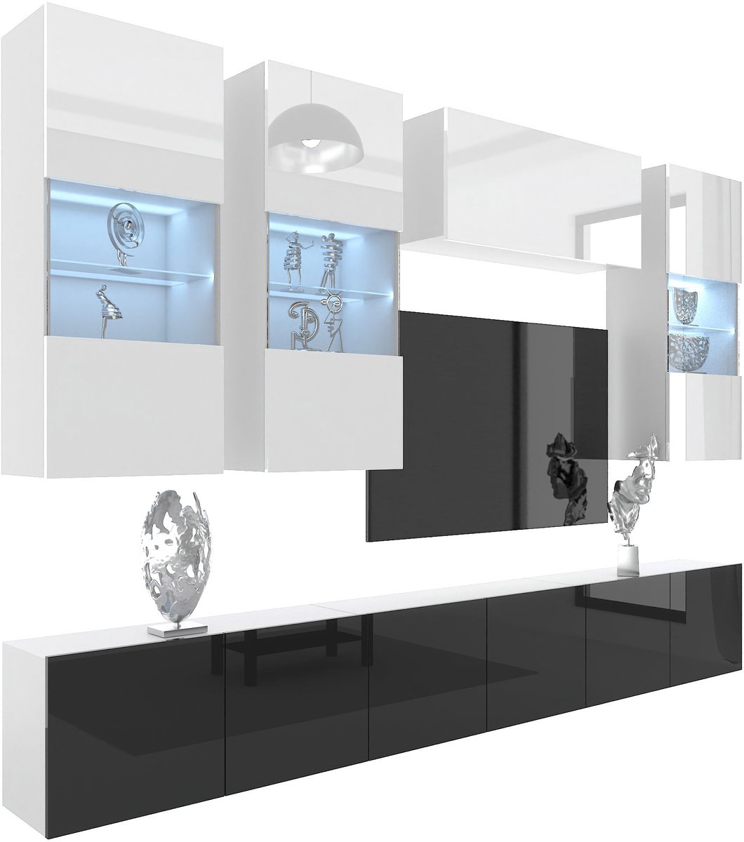 BELINI Wandmeubel Milano 5 300 cm Wit/Zwart Hoogglans - TV-Wand Greeploos - Moderne Woonwand met Gasliftsysteem - Modulair TV-Meubel
