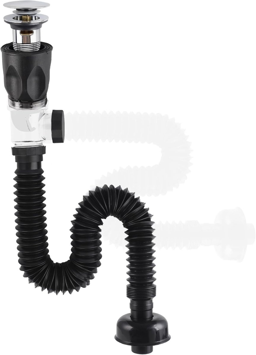 Universele Pop Up Click Clack Afvoer Set voor Badkamer, Flexibele Afvoerbuis, Geurvrij en Lekvrij - Chroom Finish