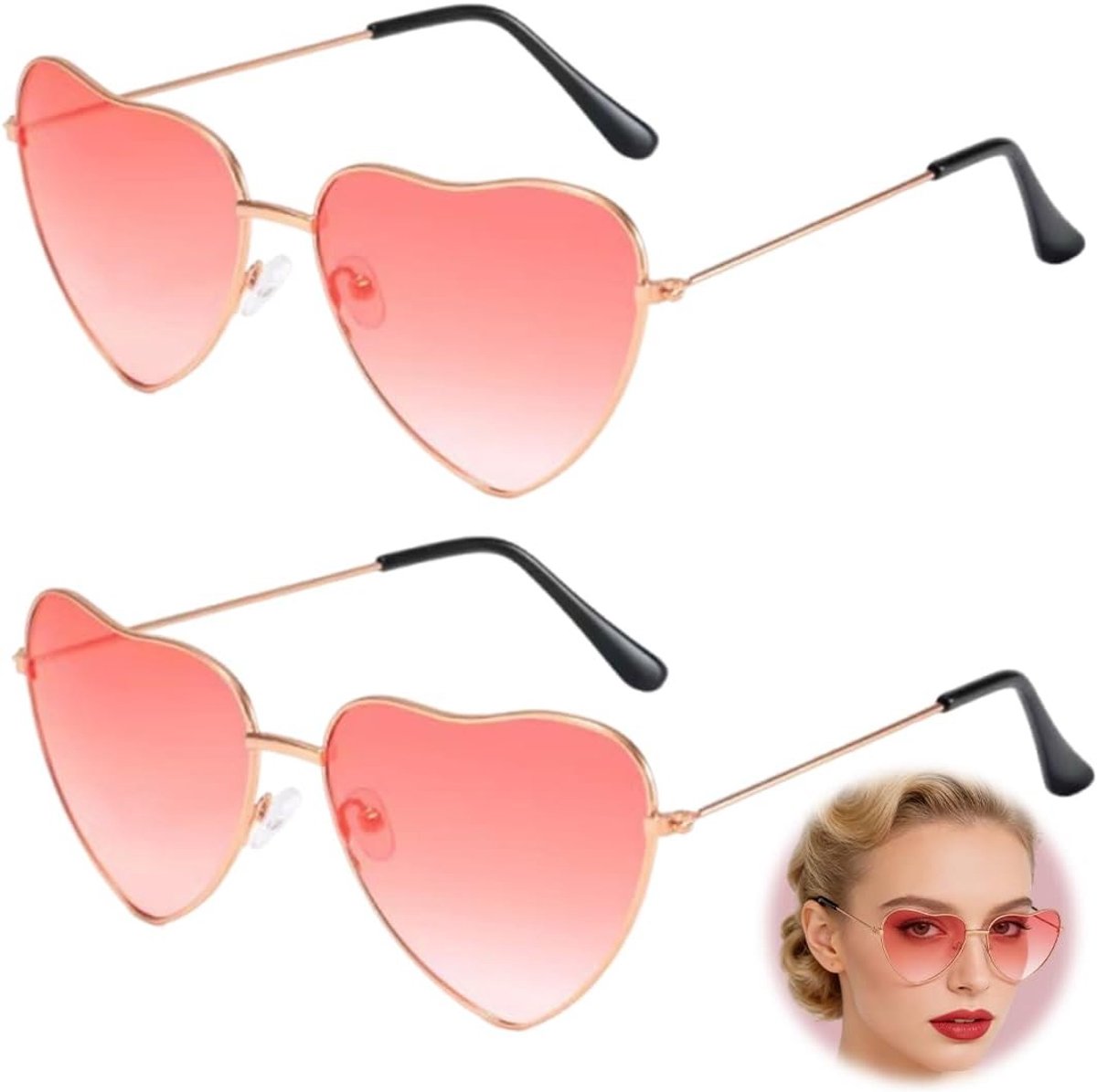 Set van 2 Retro Hartvormige Zonnebrillen voor Feestjes en Festivals - Grappige Accessoires voor Mannen en Vrouwen, Hippie 70s 80s Kostuumdecoratie