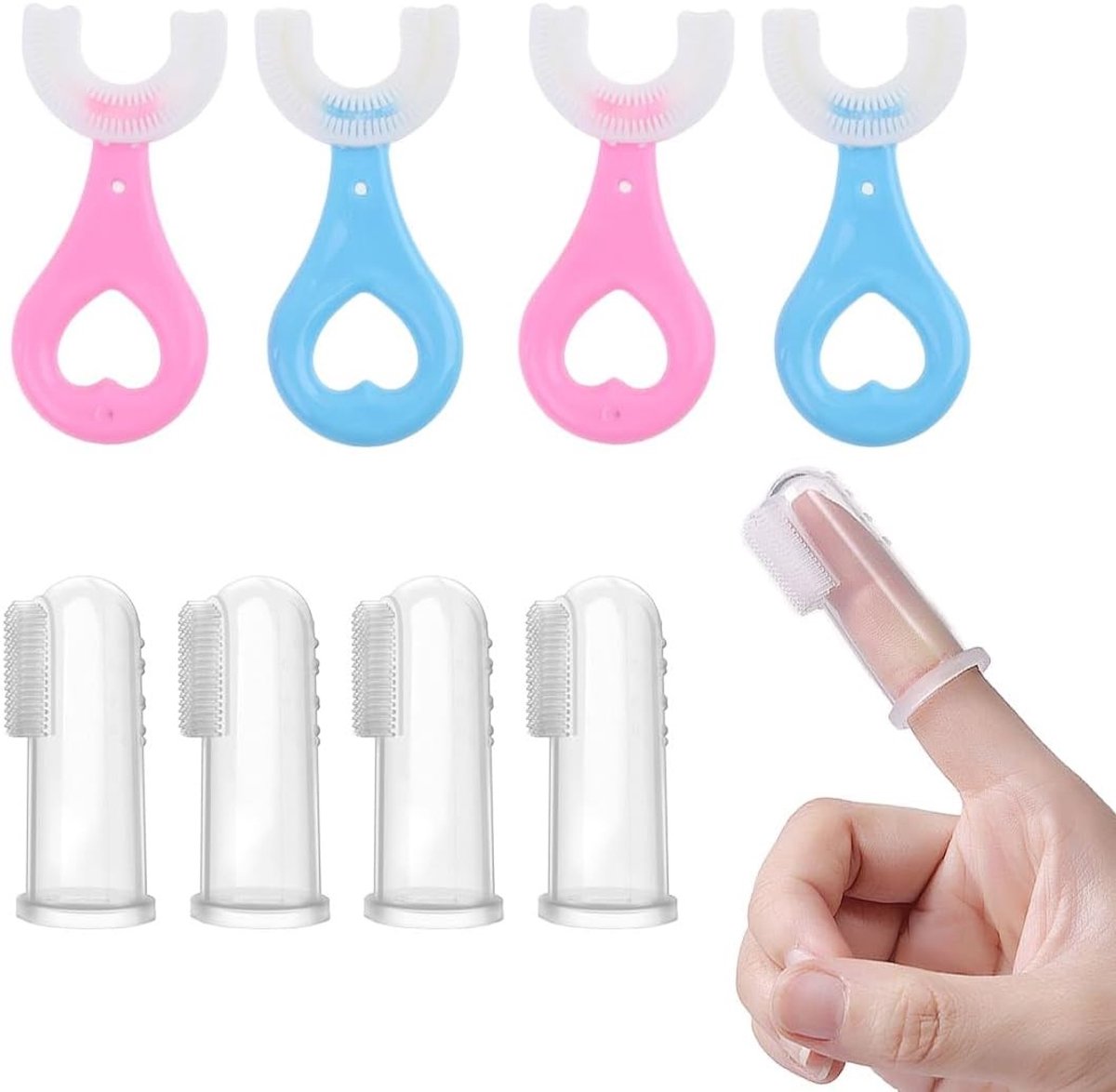 U-vormige tandenborstelset voor baby's, 8 stuks, 360 graden reiniging, siliconen, veilig en zacht voor tandjes, roze/blauw