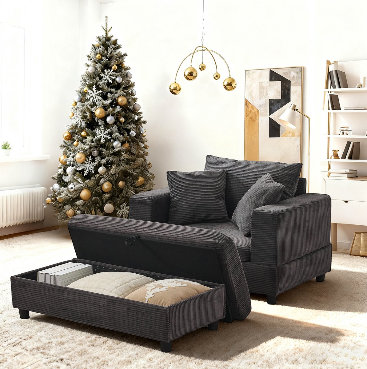 REDOM - Chaise longue met opbergruimte en voetsteun - Ribstof bekleding - Moderne stijl - Woonkamer en slaapkamer - Metaal en hout - Grijs - 107 x 74 x 57 cm