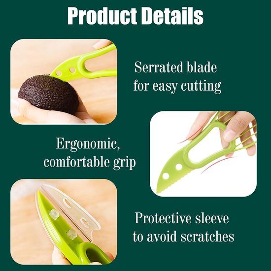 3-delige Avocado Snijset voor het Snijden, Ontpitten en Schillen van Verse Avocado's in de Keuken, Inclusief Groene Fruitsnijder en Avocado Saver — afbeelding 2