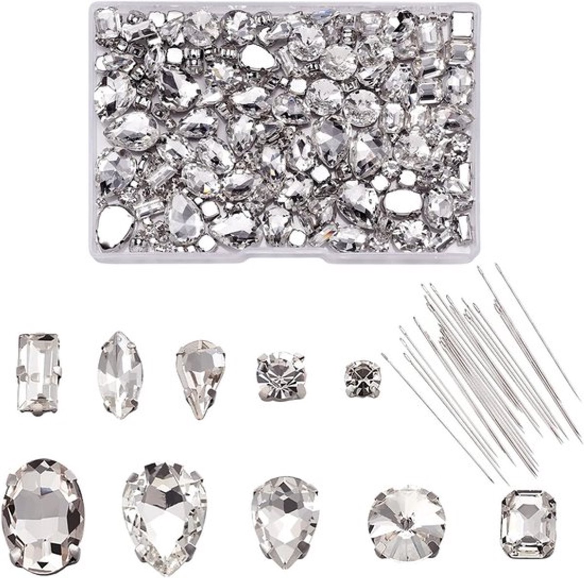 180 Stuks Glazen Naai Rhinestones met Naalden - Kristallen Claw Rhinestones voor DIY Kleding, Schoenen en Tas Versieringen