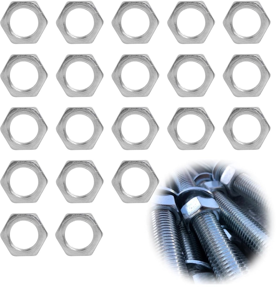 Set van 20 M10 x 1 hexmoeren, verzinkt, 3 mm dik, ultra-platte en robuuste moeren voor nauwkeurige installatie in krappe ruimtes, perfect voor constructie en reparatie.