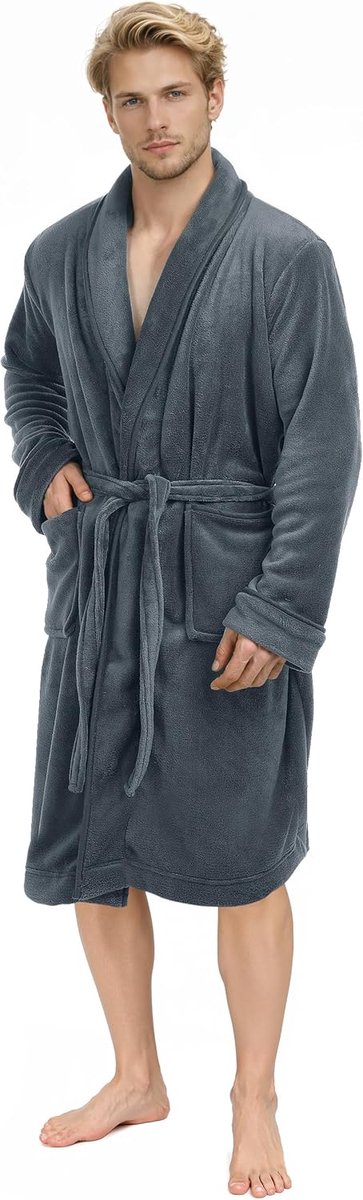 SnelShoppen - Luxe Heren Sjaal Kraag Kamerjas | Superzachte Fleece Badjas XL | Gezellige Loungewear en Nachtkleding in Grijs voor Thuis en Ontspanning