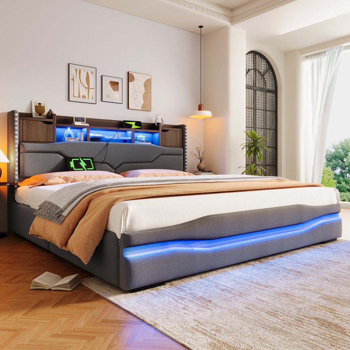 Gestoffeerd Bed 180x200cm – Hydraulisch Stauraumbed Met Led Verlichting En Oplaadfunctie – Hoofdbordopbergruimte – Voor Volwassenen – Stof – Grijs – Zonder Matras