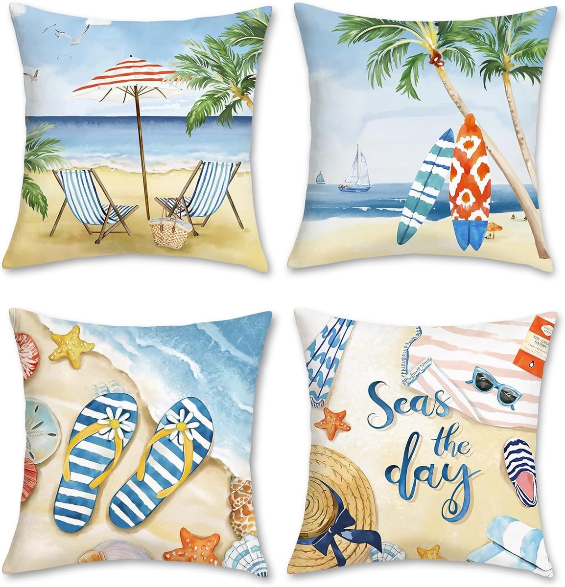 SnelShoppen - Set van 4 Decoratieve Kussenslopen 45 x 45 cm voor Zomer Strand met Zeester, Surfplank, Palm en Zee Landschap - Sierkussenslopen voor Wo