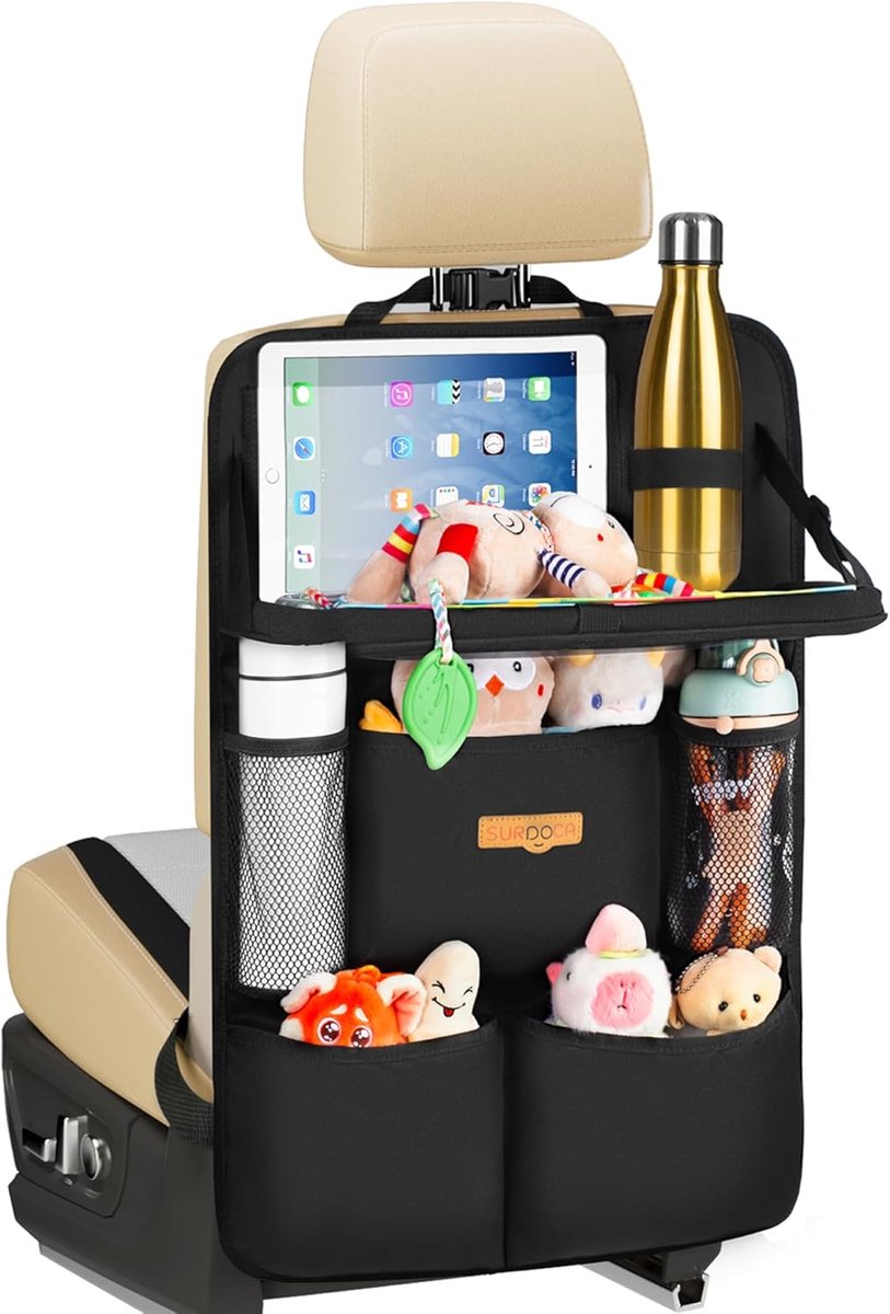 Auto-organizer voor kinderen met opklapbaar tafeltje – Achterbank-organizer met touchscreen-tabletvak, waterdichte rugleuningbescherming, past in de meeste voertuigen