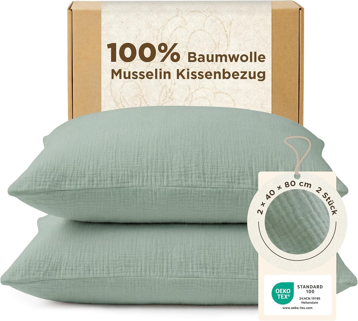 SnelShoppen - BEDSURE Mousselin Kussensloop Set van 2 Stuks 40 x 80 cm 100% Katoen Met Ritssluiting Oeko-Tex Gecertificeerd Zomergroen Hoofdkussenslop