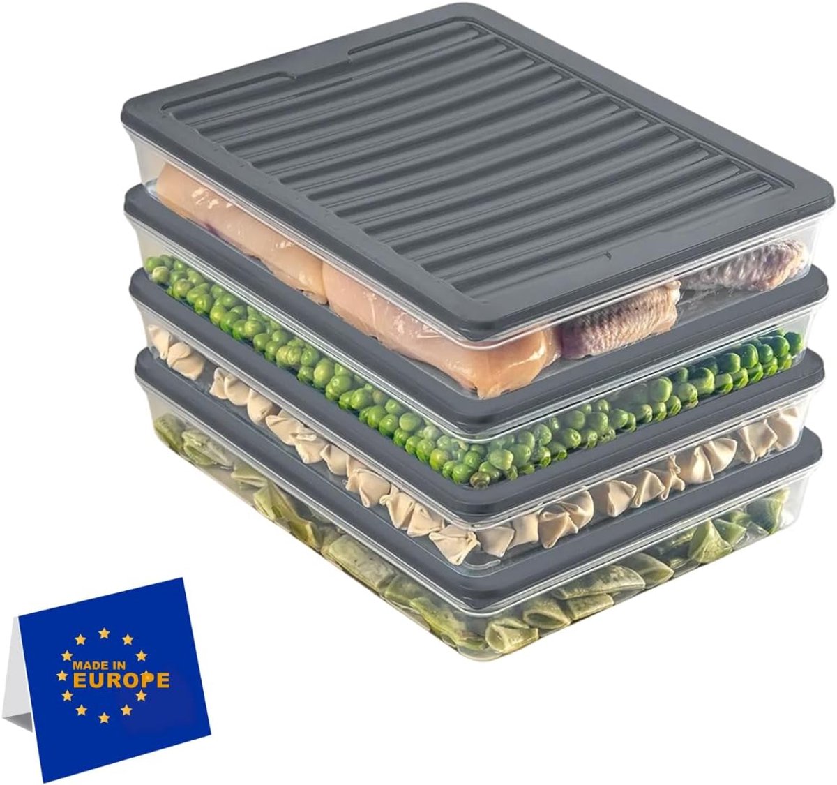 SnelShoppen - Stapelbare Vershouddozen Set - Vriesvak en Koelkast Organizer met Deksel - Vorstbestendig tot -25 °C - Herbruikbare Voorraden - 4 x 2400