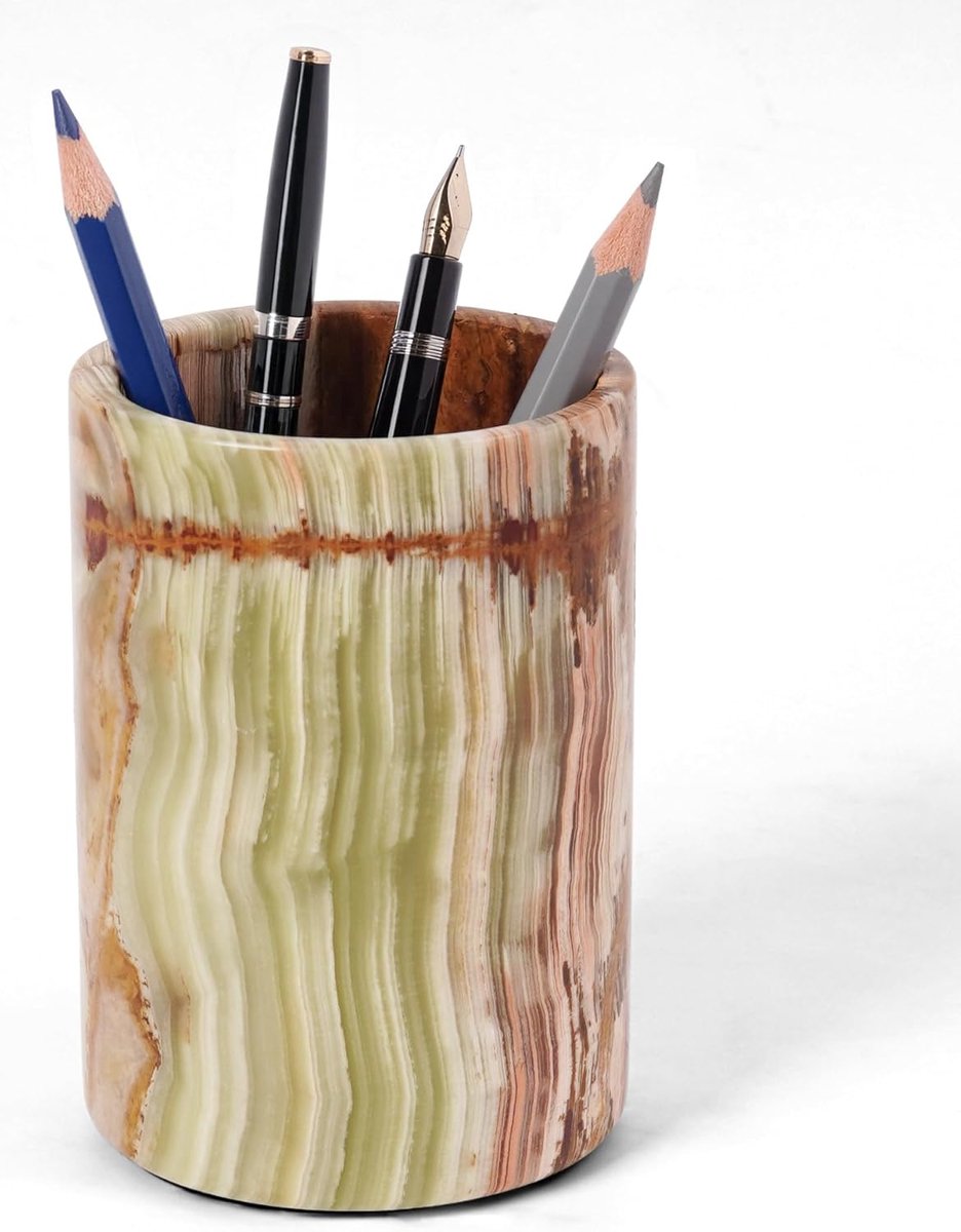 SnelShoppen - Marmeren Bureau Organizer Groen Onyx 11,4x7,6 cm Handgemaakte Potloodhouder voor Kunstbenodigdheden, Penhouder & Kantoor Bureau Accessoi