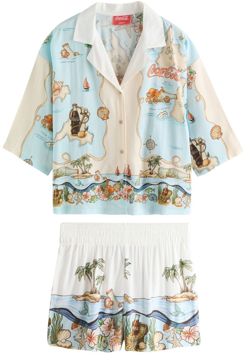 Next - Dames - Korte Coca Cola pyjama met knoopsluiting - Blauw
