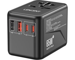 SnelShoppen - LENCENT Universele Reisadapter GaN3 65W | Wereldwijde Stopcontact Adapter met 2 USB-A & 2 USB-C PD3.0 Snelladers in Zwart voor USA, UK,
