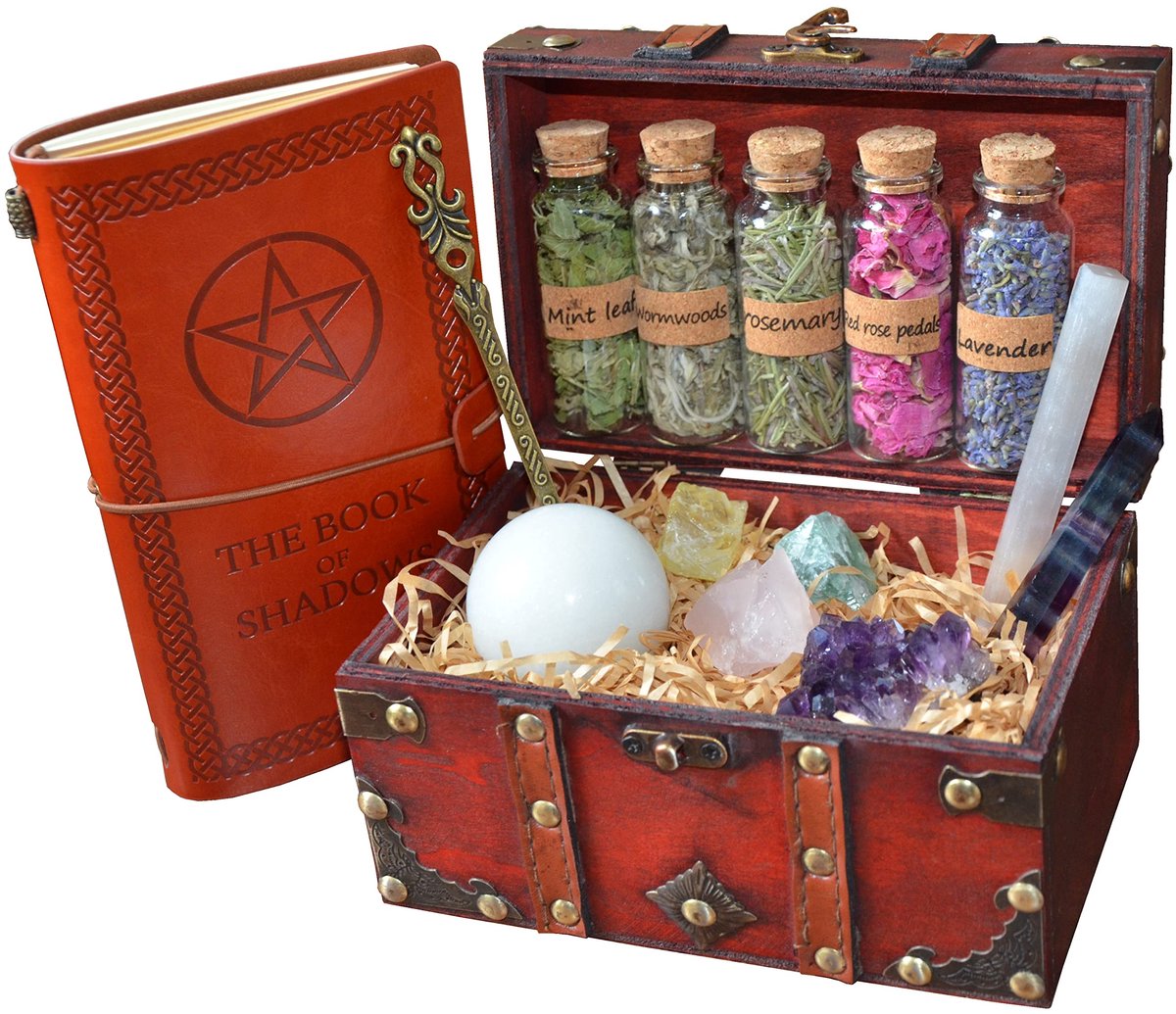 SnelShoppen - Hekserijset Vintage Doos met Kruidenset, Koperen Toverstaf, Kristallen en Schaduwboek voor Wicca Altaarbenodigdheden