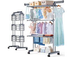 Droogrek 4 etages - Wasrek toren - Kleding drogen - Opvouwbaar met wielen - Grote capaciteit - Grijs Zwart