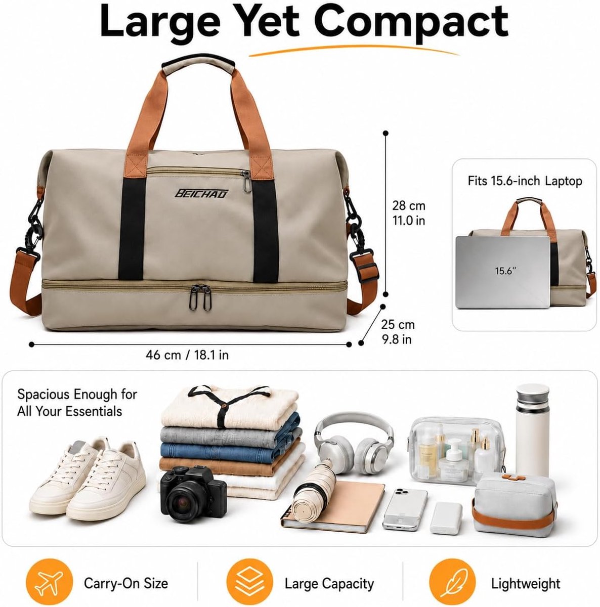 SnelShoppen - Grote Waterproof Sporttas en Reistas voor Mannen en Vrouwen - Weekender Gym Bag met Schoencompartiment en Nat Compartment - Khaki - Idea