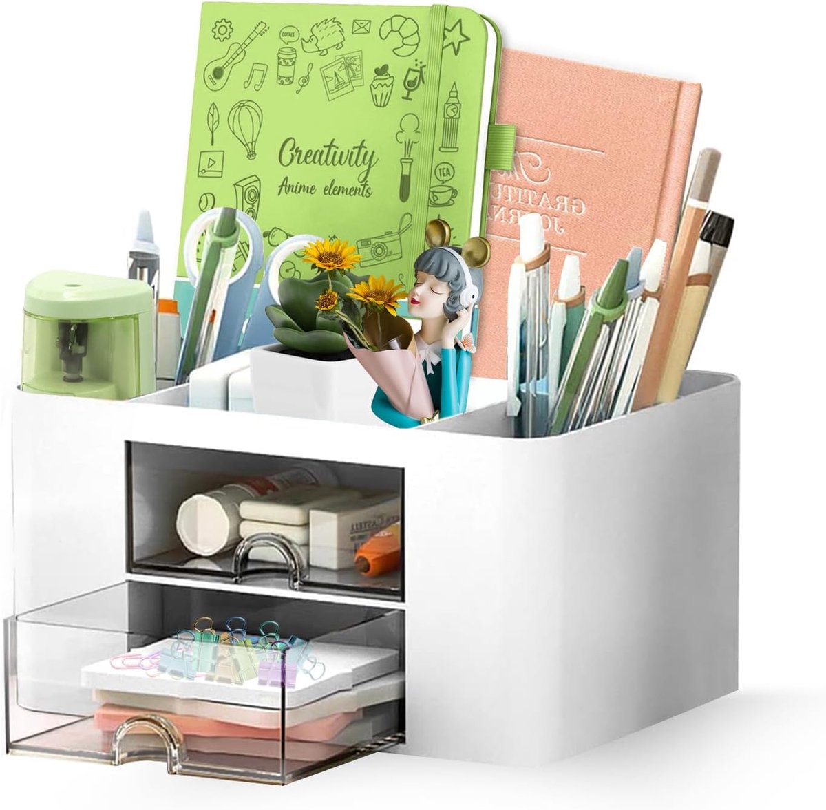 SnelShoppen - Bureau-organizer met 7 vakken en lade, multifunctionele pennenhouder, ruimtebesparende bureau-organizer voor kantoor, thuis en school, w