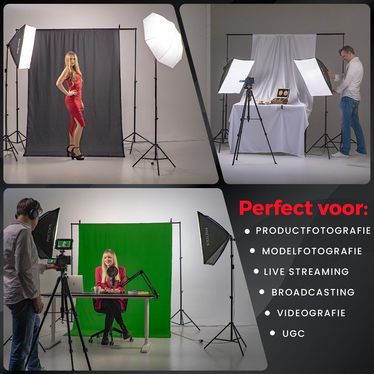 SnelShoppen - PIXETOOL Softbox Fotostudio Set 50x70cm - 2 Softbox Studiolampen 4800 Lumen - Inclusief 2 Flitsparaplu’s - 2m Verstelbaar Statief x2 - P