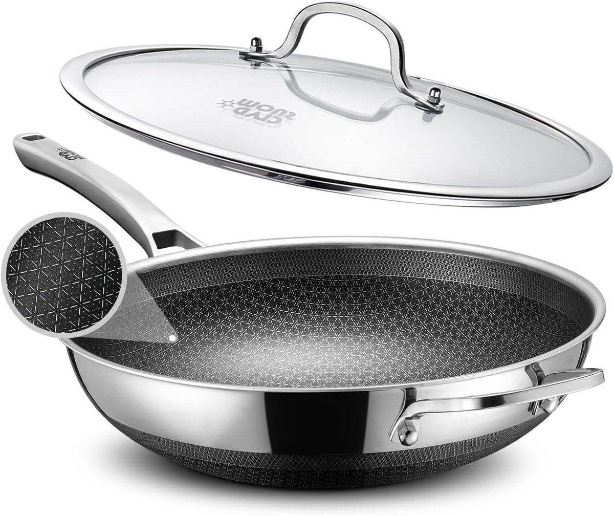 Wokpan met Deksel Roerbakpan Braadpan Snel Koken Honingraat Anti-aanbak 30 cm Roestvrij staal
