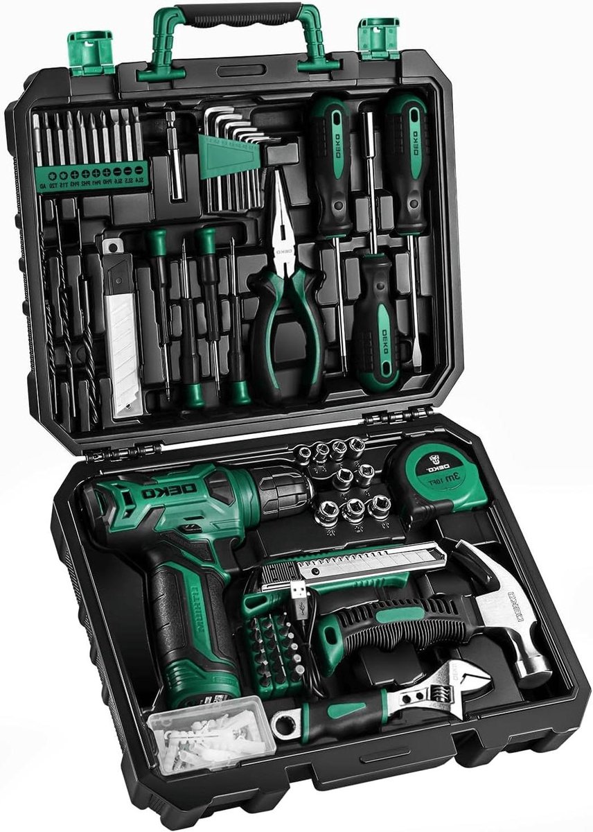 Gereedschapskoffer Set - Boormachine Koffer - Thuisklus Werk - 126 Delige Set - 8 Volt Accu - Groen
