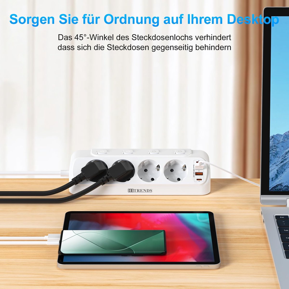 SnelShoppen - Tafelcontactdoos met USB C (PD20W), 4-voudig hoekstopcontact, platte stekker, 8-in-1 stekkerdoos met 4 USB poorten, schakelbaar, wit voo