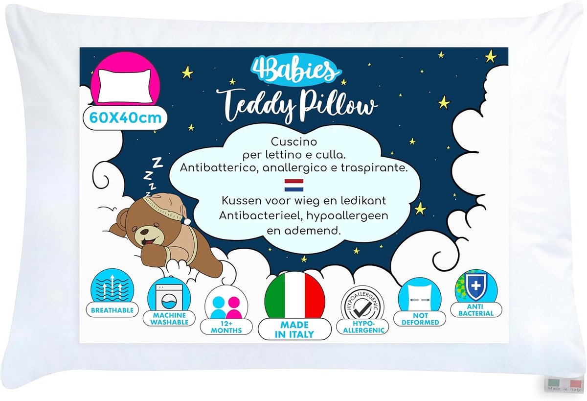 SnelShoppen - Set van 2 Hypoallergene Kussens voor Kinderen 60x40 cm - Ademend, Mijtdicht, 100% Italiaans Katoen - Perfect voor Bed, Camping, en Kinde