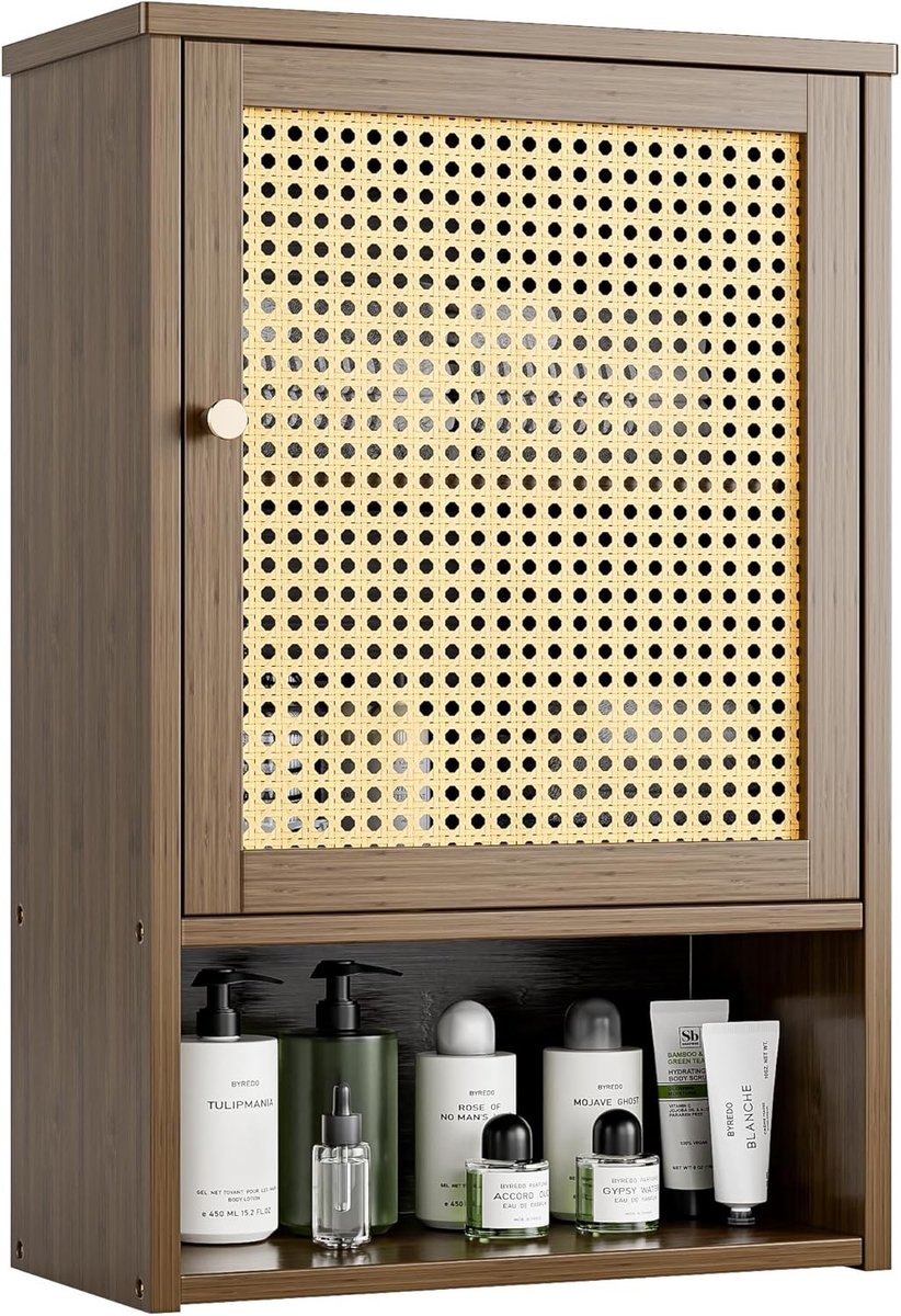 Bamboe Wandkast voor Badkamer, Opbergoplossing boven het Toilet met Rieten Deuren en Verstelbare Plank, Ruimtebesparende Medicijnkast voor Badkamer, Keuken en Woonkamer