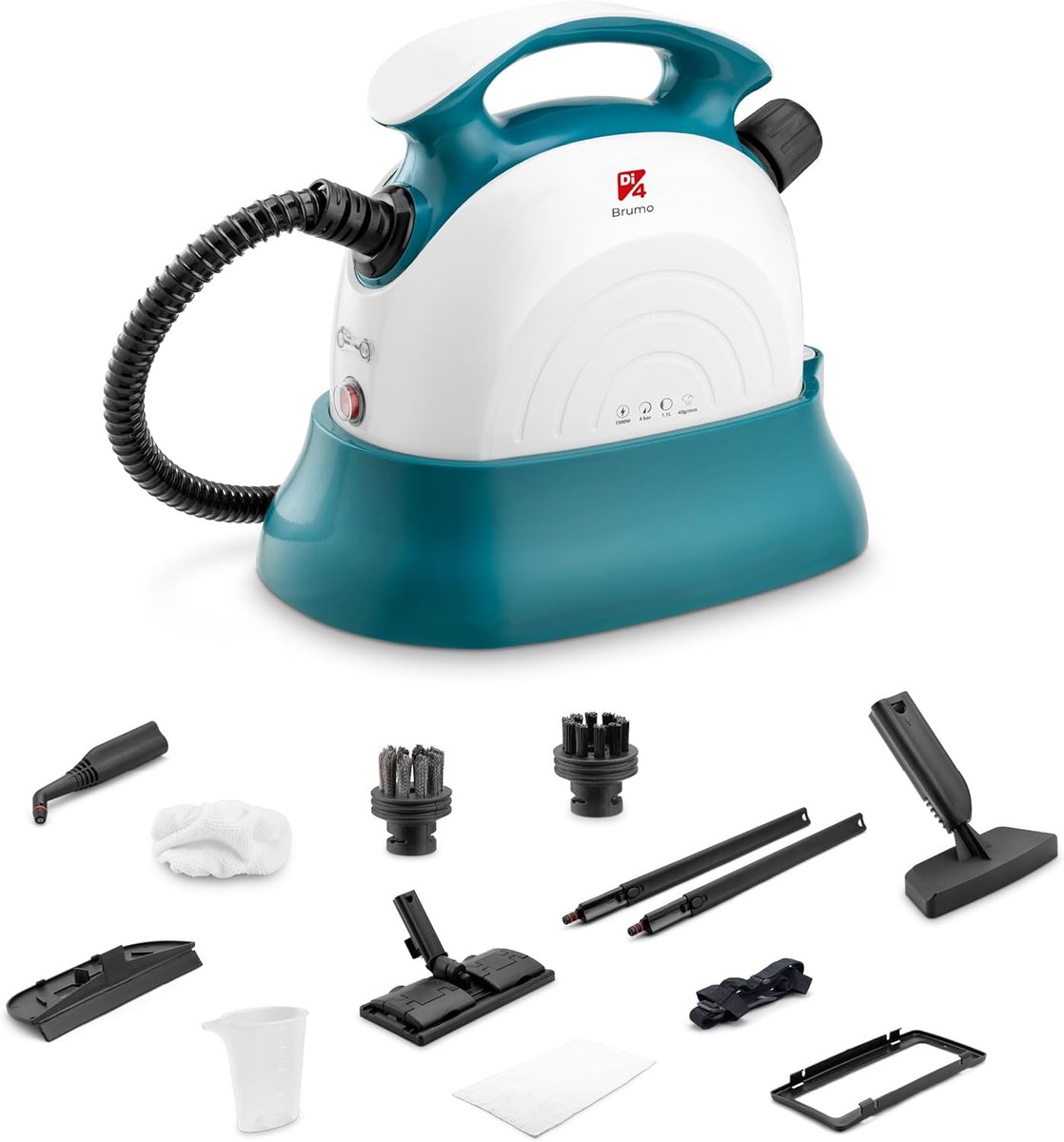 SnelShoppen - Di4 Brumo Stoomreiniger 1500 W - 4 Bar Druk - 1,1 L Capaciteit - 22 Minuten Autonomie - 12 Accessoires voor Chemievrije Reiniging en Des