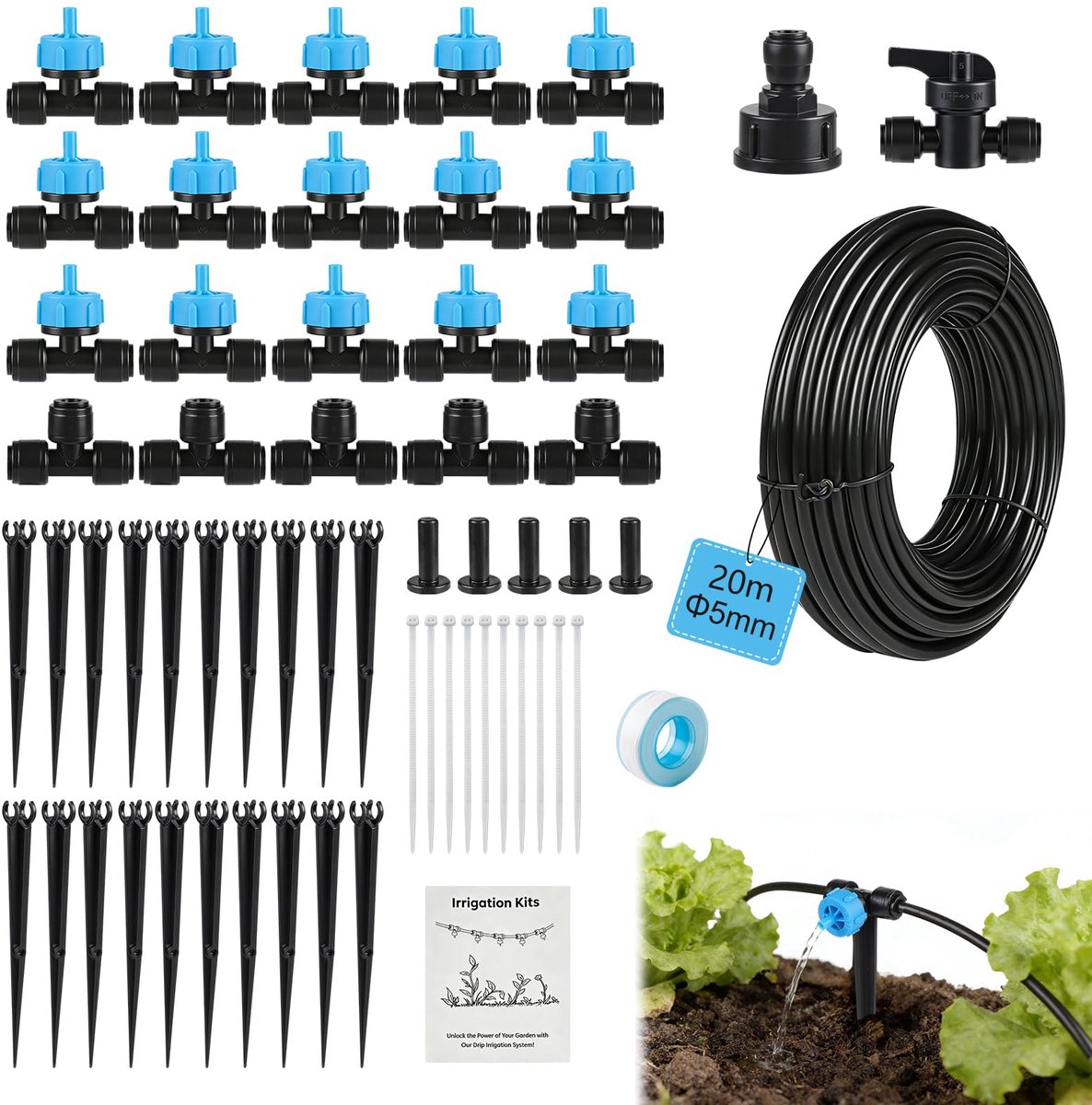 SnelShoppen - 60 Stuks Irrigatiesysteem voor Tuin - Compleet Irrigatiekit - 20 Meter 1/4 Druppelslang voor Gazonirrigatie Ondergronds - Druppelirrigat