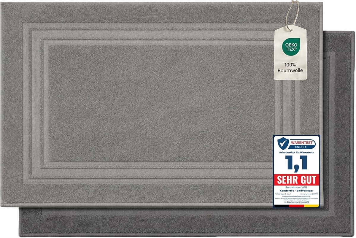 SnelShoppen - Komfortec 2-delige badmat van 100% katoen, 600 g/m², wasbaar, absorberend, badstof, 50 x 70 cm, antraciet/lichtgrijs, douchemat voor bad